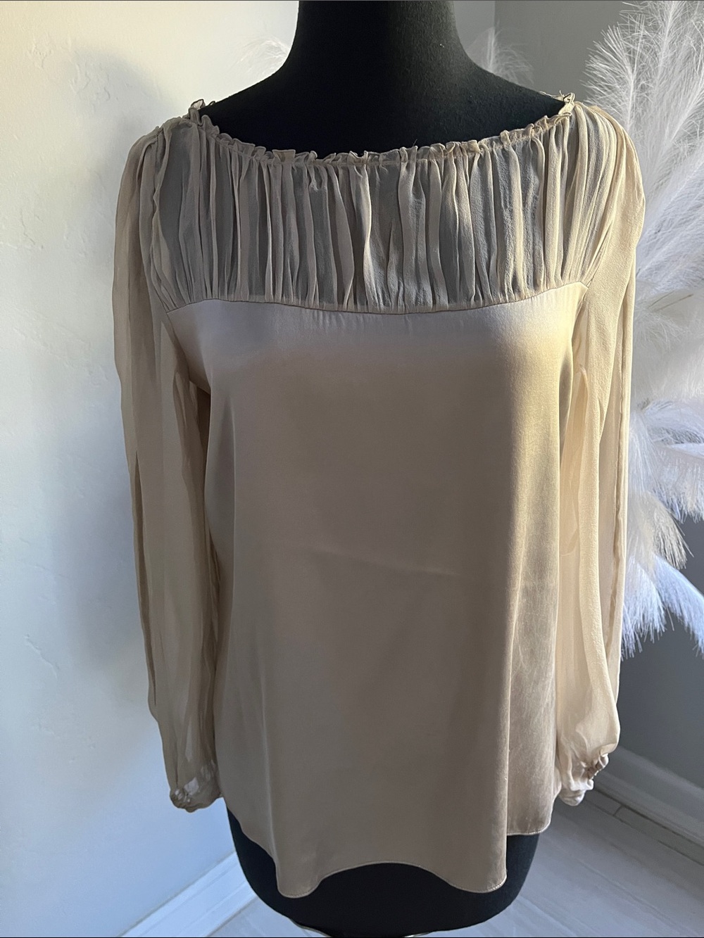 Elie Tahari Cream Sheer Yoke Long-Sleeve Blouse